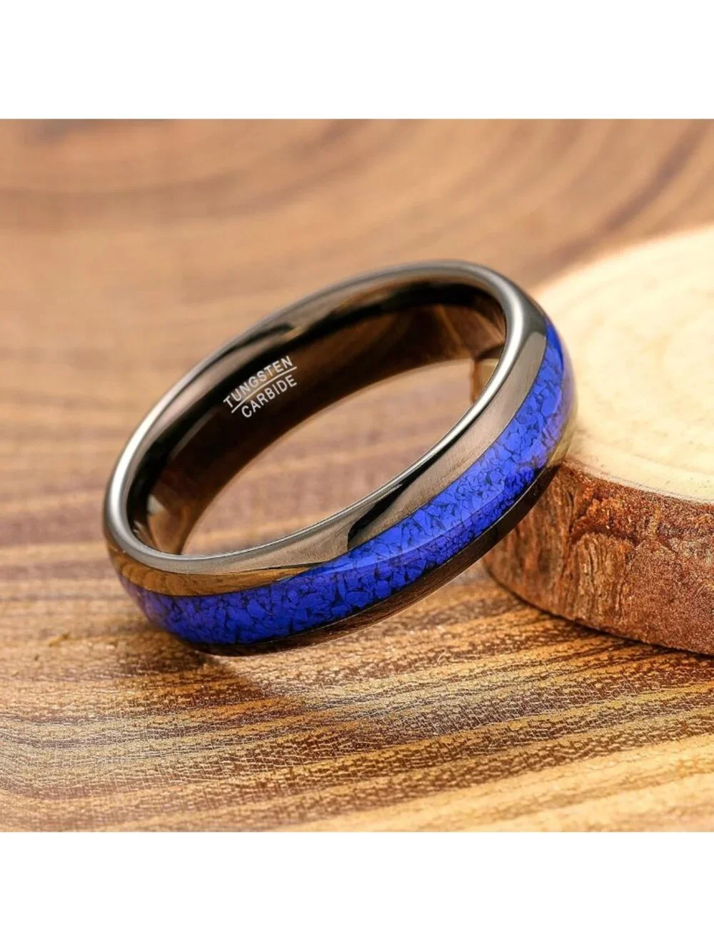 Stylish Black & Blue Tungsten Rings with Lapis Lazuli Inlay - Comfort Fit, Sizes